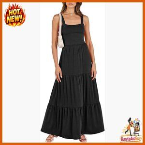 Maxi Dress Sleeveless Square Neck Flowy Tiered Beach Vacation Casual
